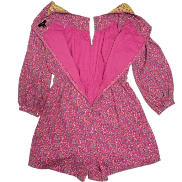 J.Crew Embroidered Romper Women’s Sz 8 Pink Vines Block Print Raglan Puff Sleeve - Picture 12 of 16